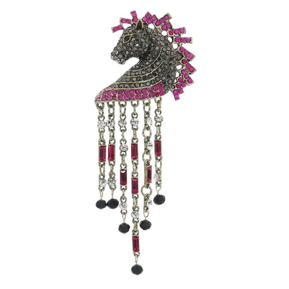 Jewelry - Pink & Gray Crystal Horse Head Brooch with Fringe